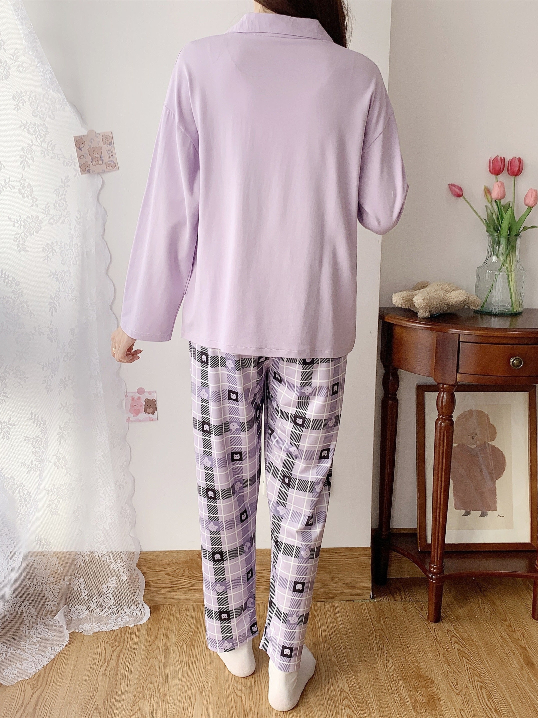 Bear Print Lounge Set Top & Plaid Pants Women's Loungewear