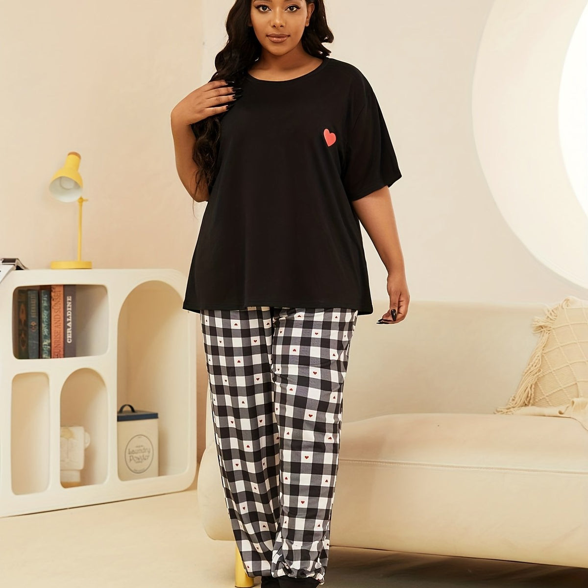  Gingham & Heart Print Nightdress Short Sleeve Round Neck