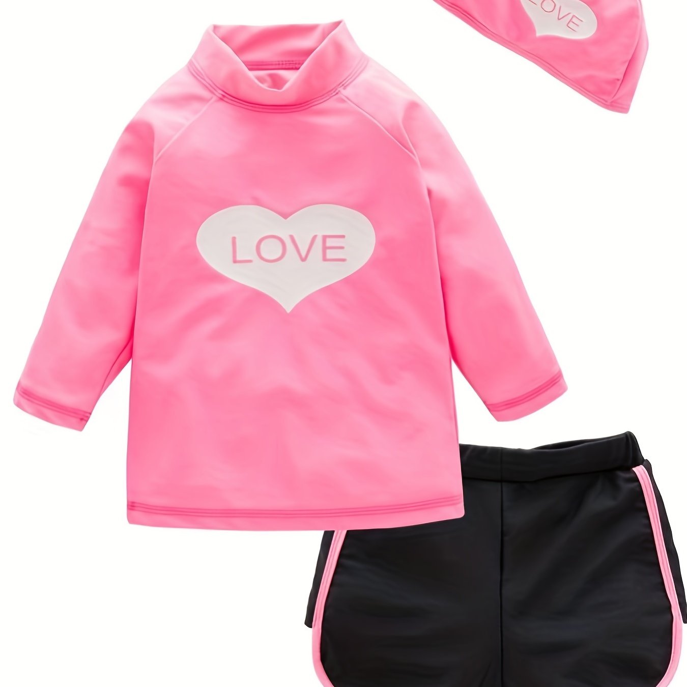 Girls 3pcs Swimsuit Long Sleeve Top & Shorts & Swim Cap LOVE Heart Pattern