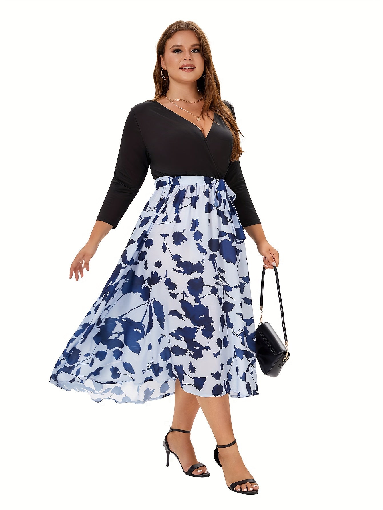  Colorblock Floral Print V Neck Midi Dress