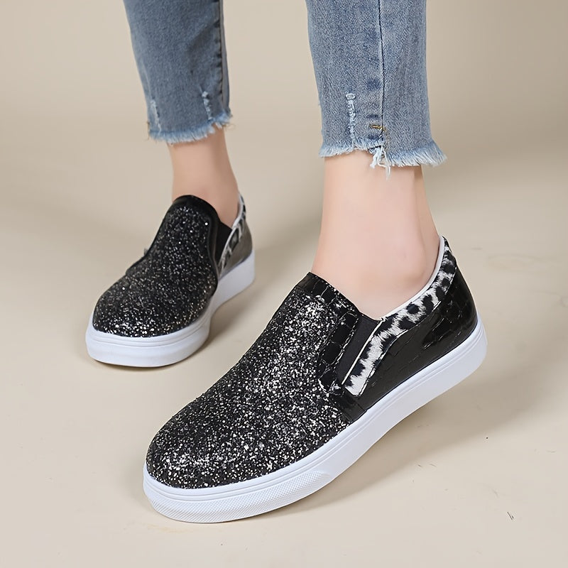 Women's Sequins Flat Loafers Slip On Low Top Sneakers Casual Canvas Shoes