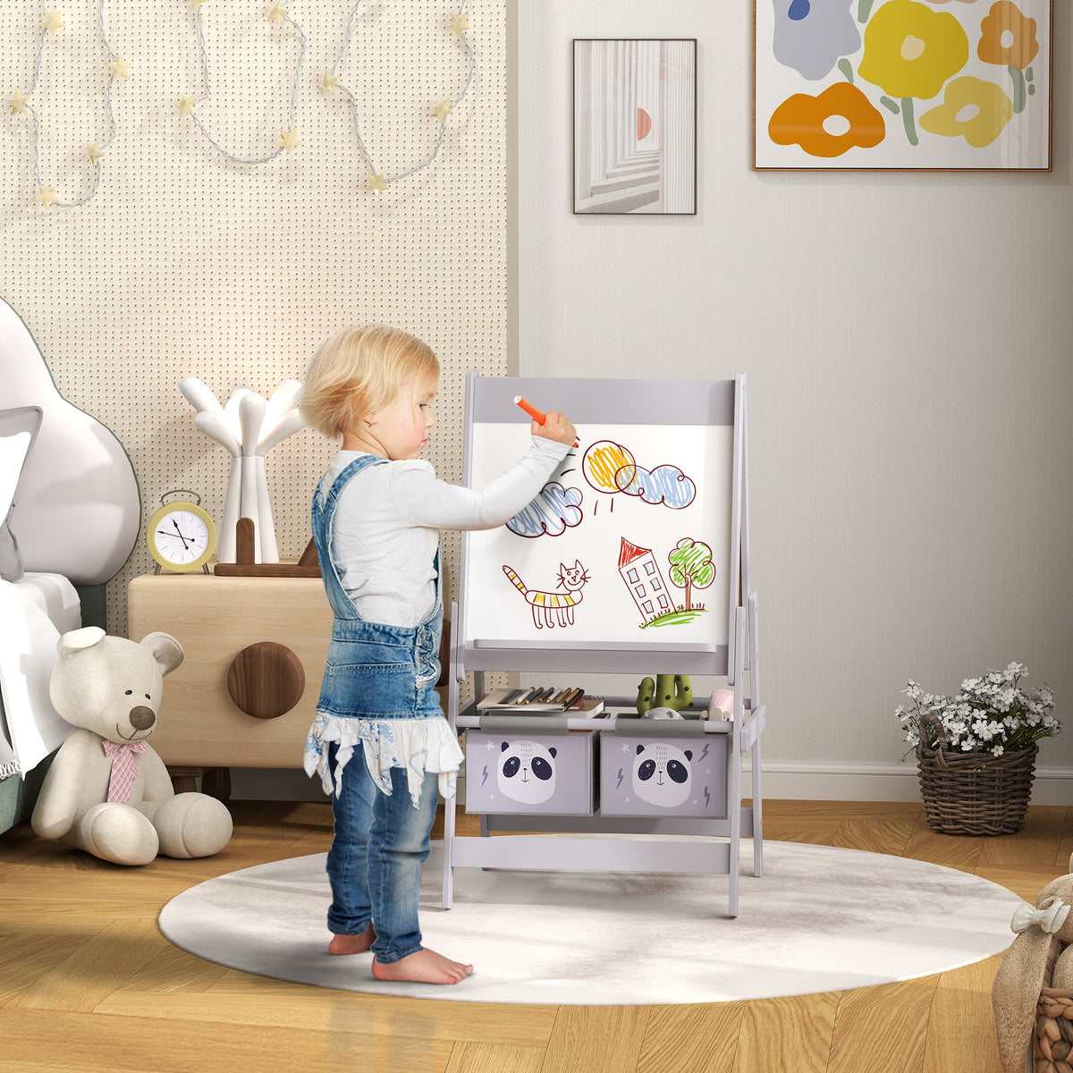 Kids Easel with Paper Roll 3 in 1 Art Easel with Blackboard Whiteboard