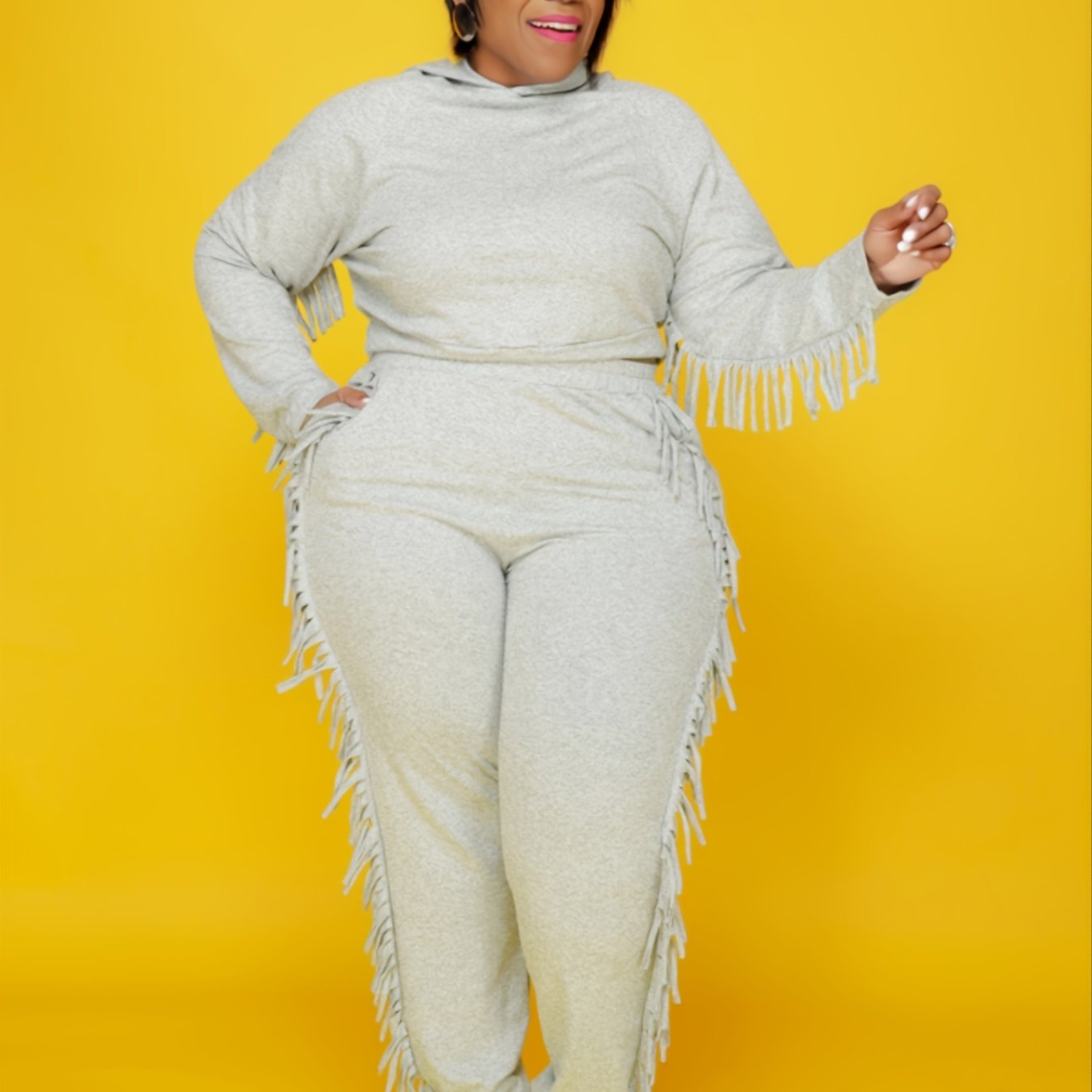  Fringe Trim Hoodie & Sweatpant Set Women's Co ords Two Pieces