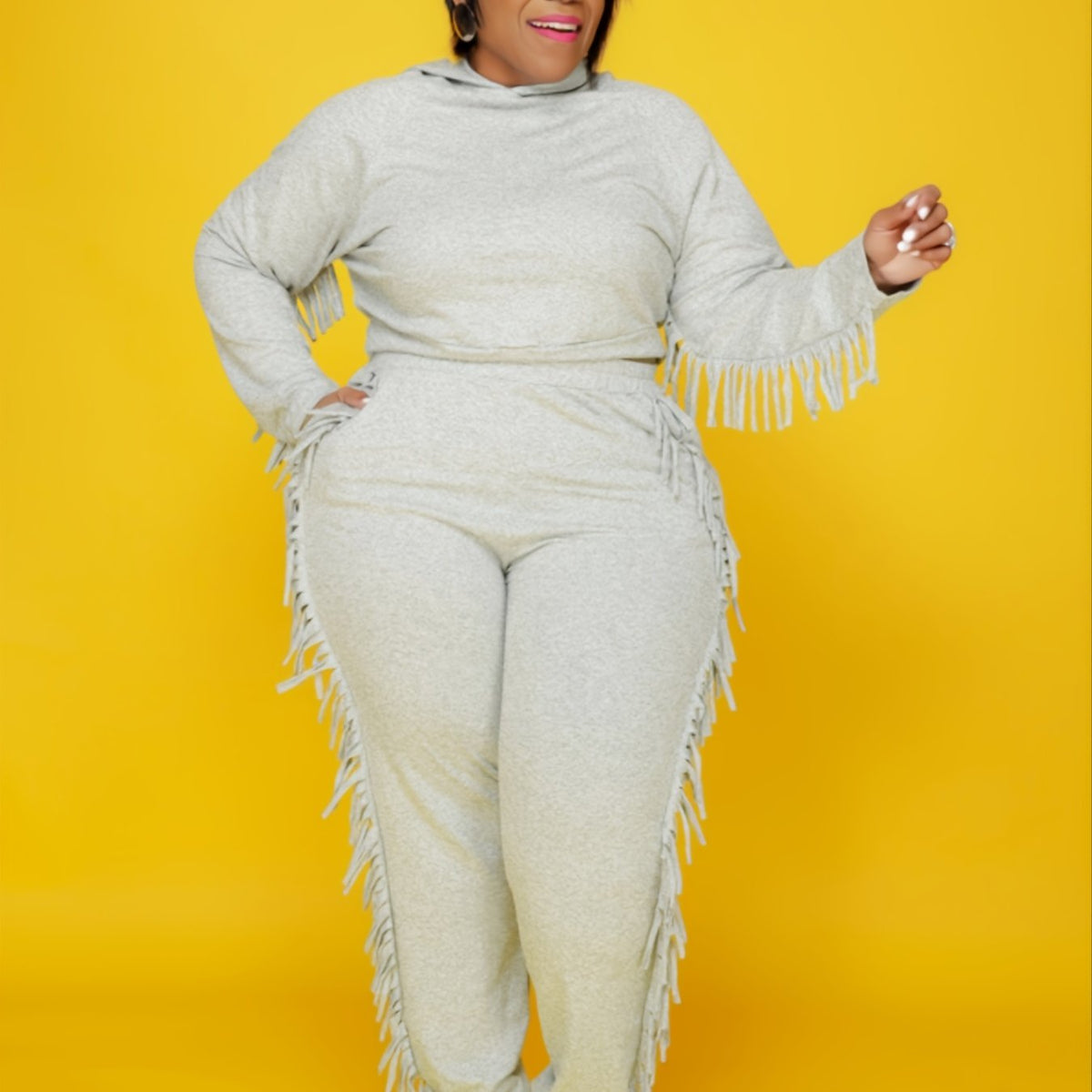  Fringe Trim Hoodie & Sweatpant Set Women's Co ords Two Pieces