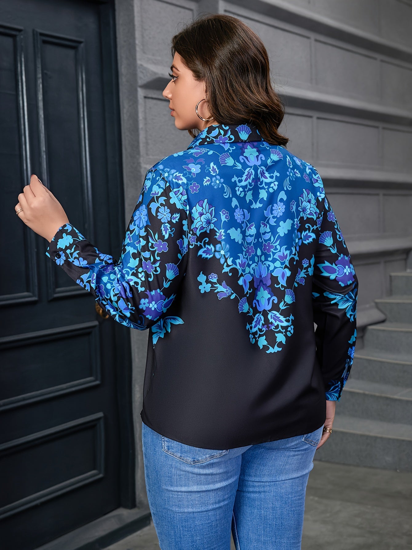  Floral Print Long Sleeve Button Up Blouse