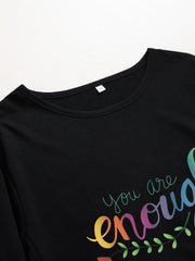  Slogan Print Long Sleeve Loose Fit Dress