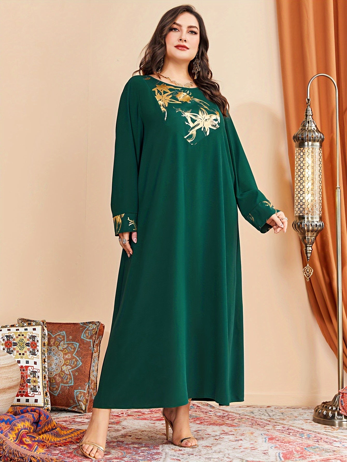  Colorblock Floral Print Long Sleeve Round Neck Maxi Dress