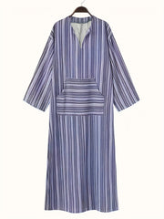  Women's Striped 3/4 Sleeve Loose Kaftan Dress With Pockets