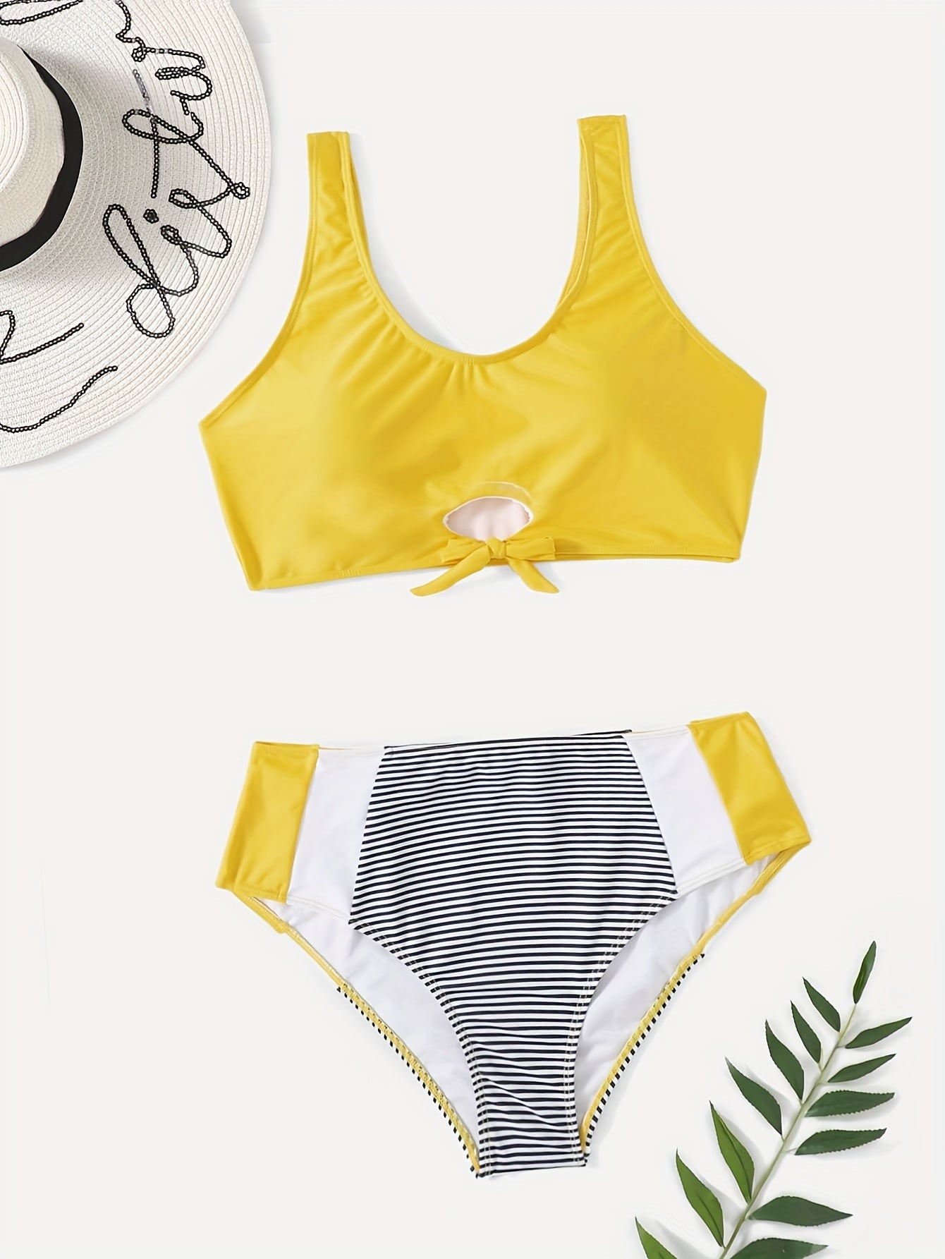 Knot Front Tank Bra & Striped Panty Swimsuit Set