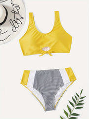  Knot Front Tank Bra & Striped Panty Swimsuit Set