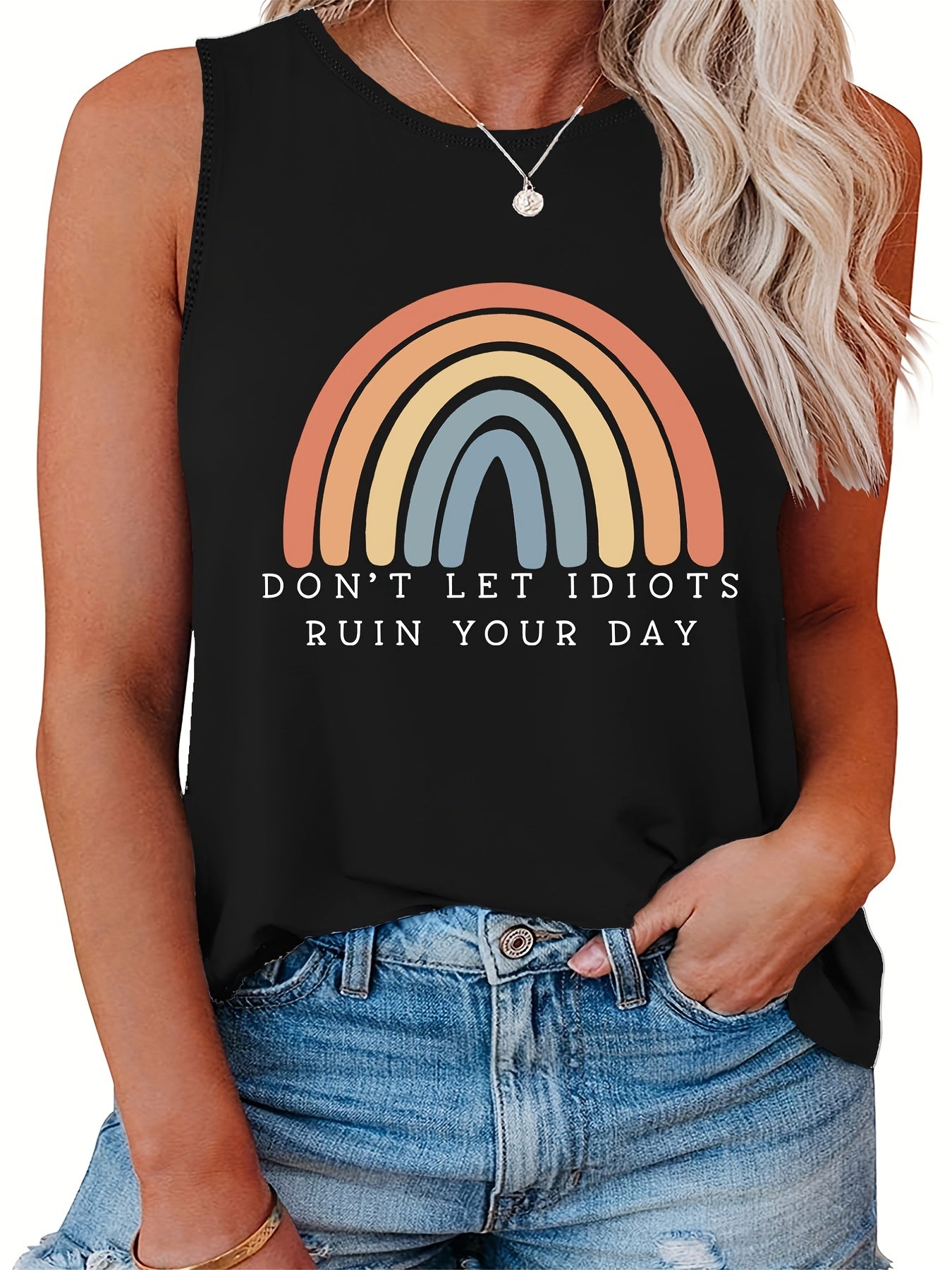  Casual Tank Top Women's Plus Letter & Rainbow Print
