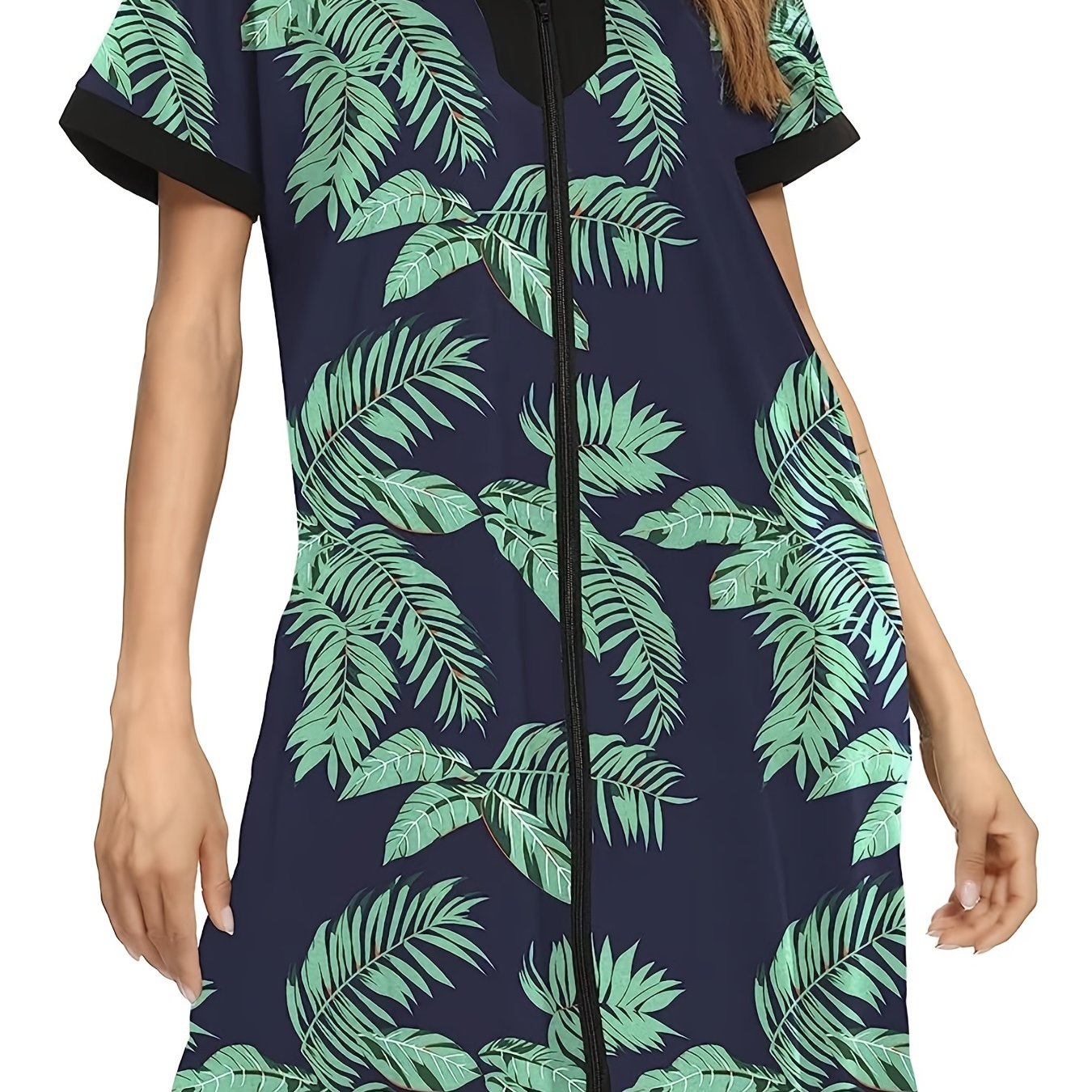  Tropical Print Short Sleeve V Neck Dress