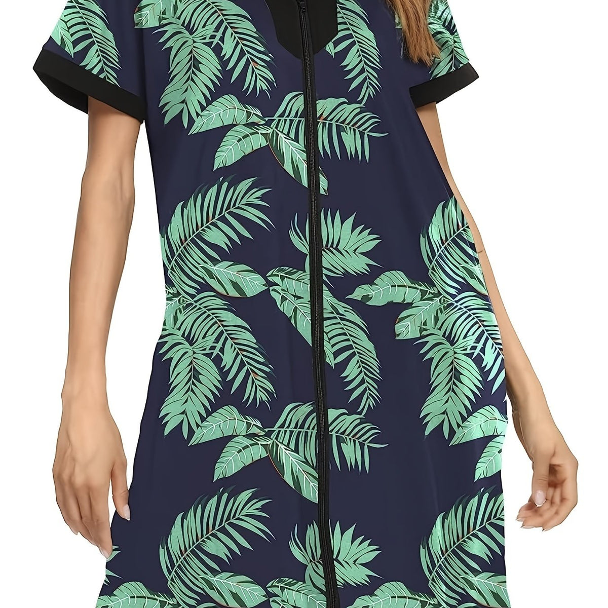  Tropical Print Short Sleeve V Neck Dress