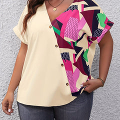  Colorblock Geo Print Button Up Blouse