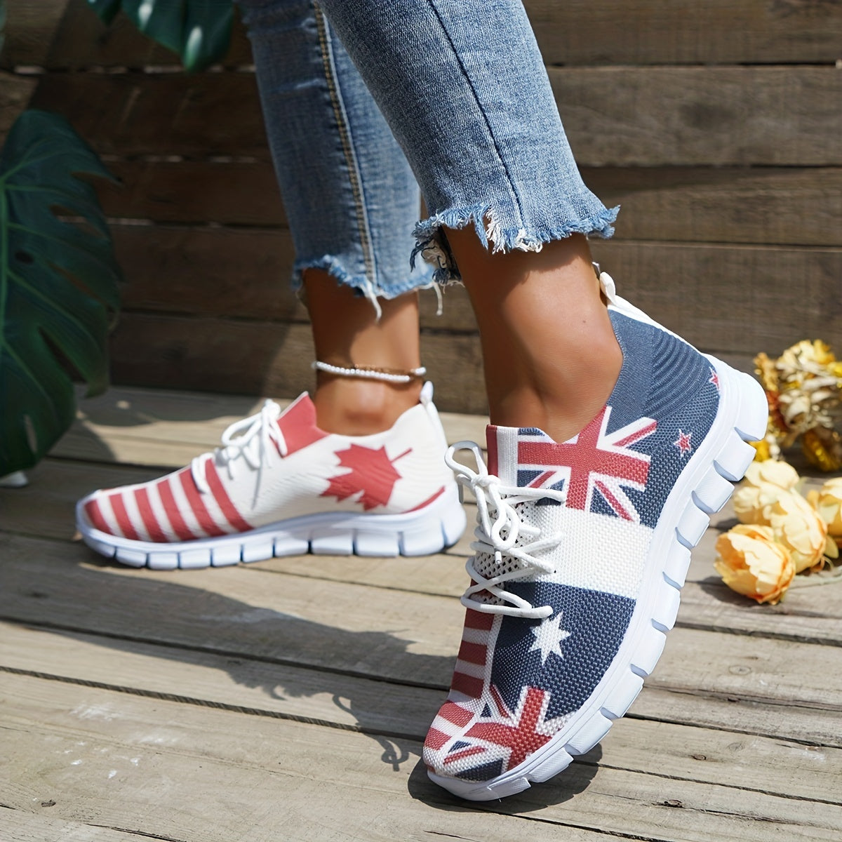 Women's Flag Pattern Knitted Sneakers Low Top Sports Shoes