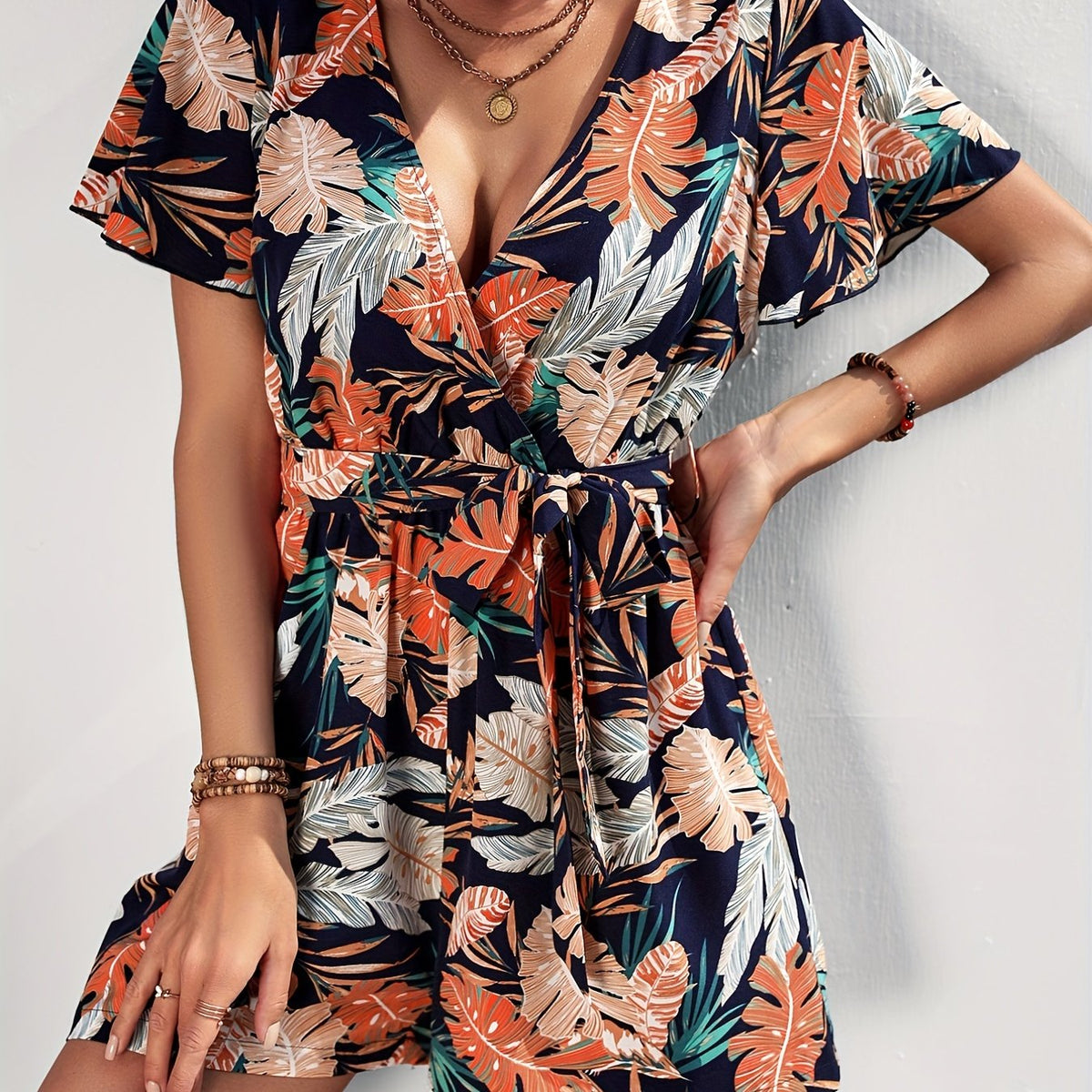 Tropical Print Romper Jumpsuit V neck Flutter Sleeve