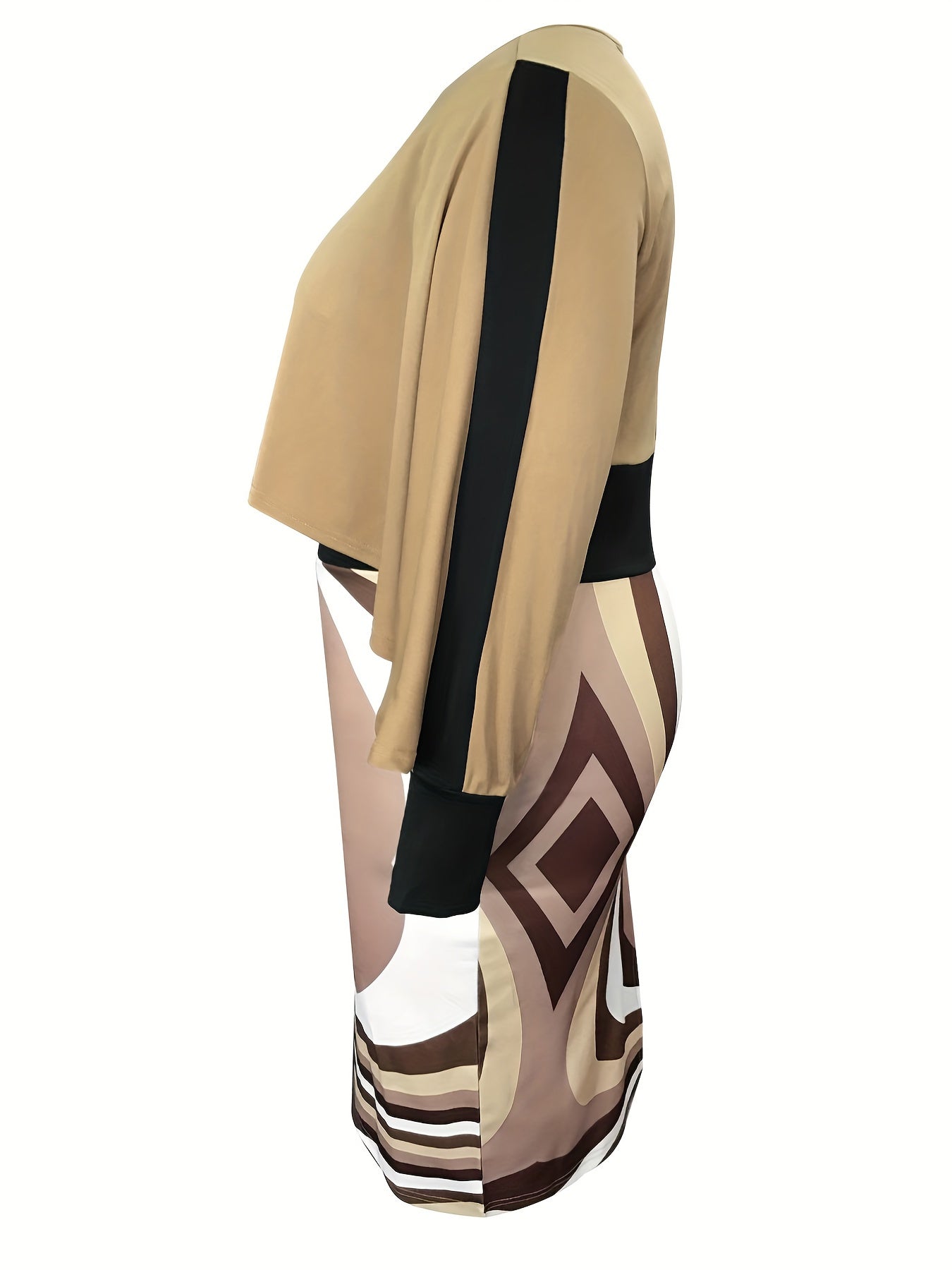  Colorblock Geometric Print Long Sleeve Slim Fit Dress