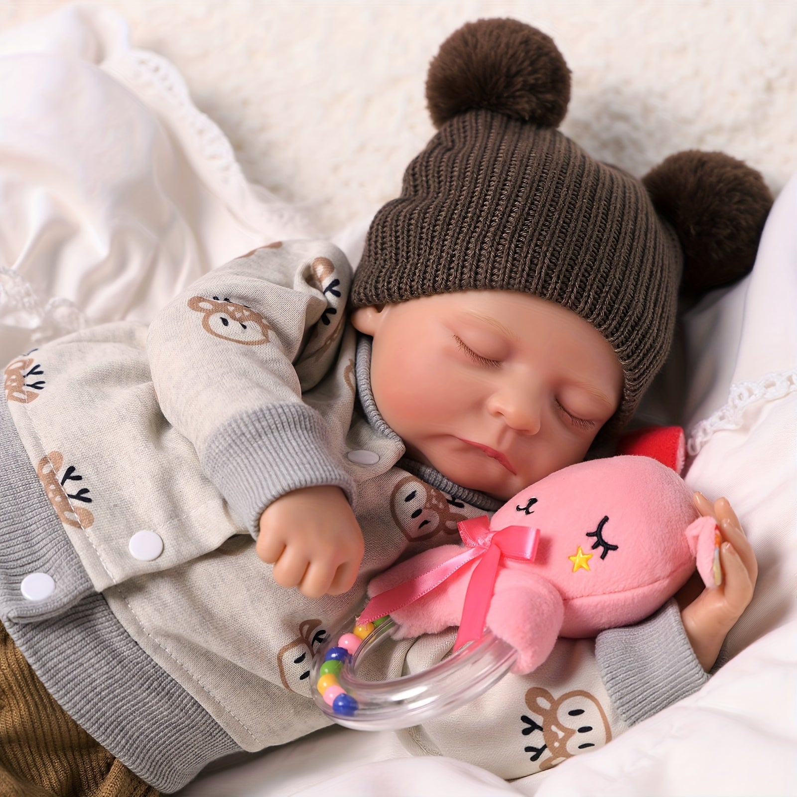 ADFO 20 Inch Reborn Baby Boy Doll with Gray Animal Print Outfit