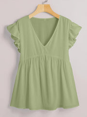  Solid Butterfly Sleeve V Neck Peplum Top
