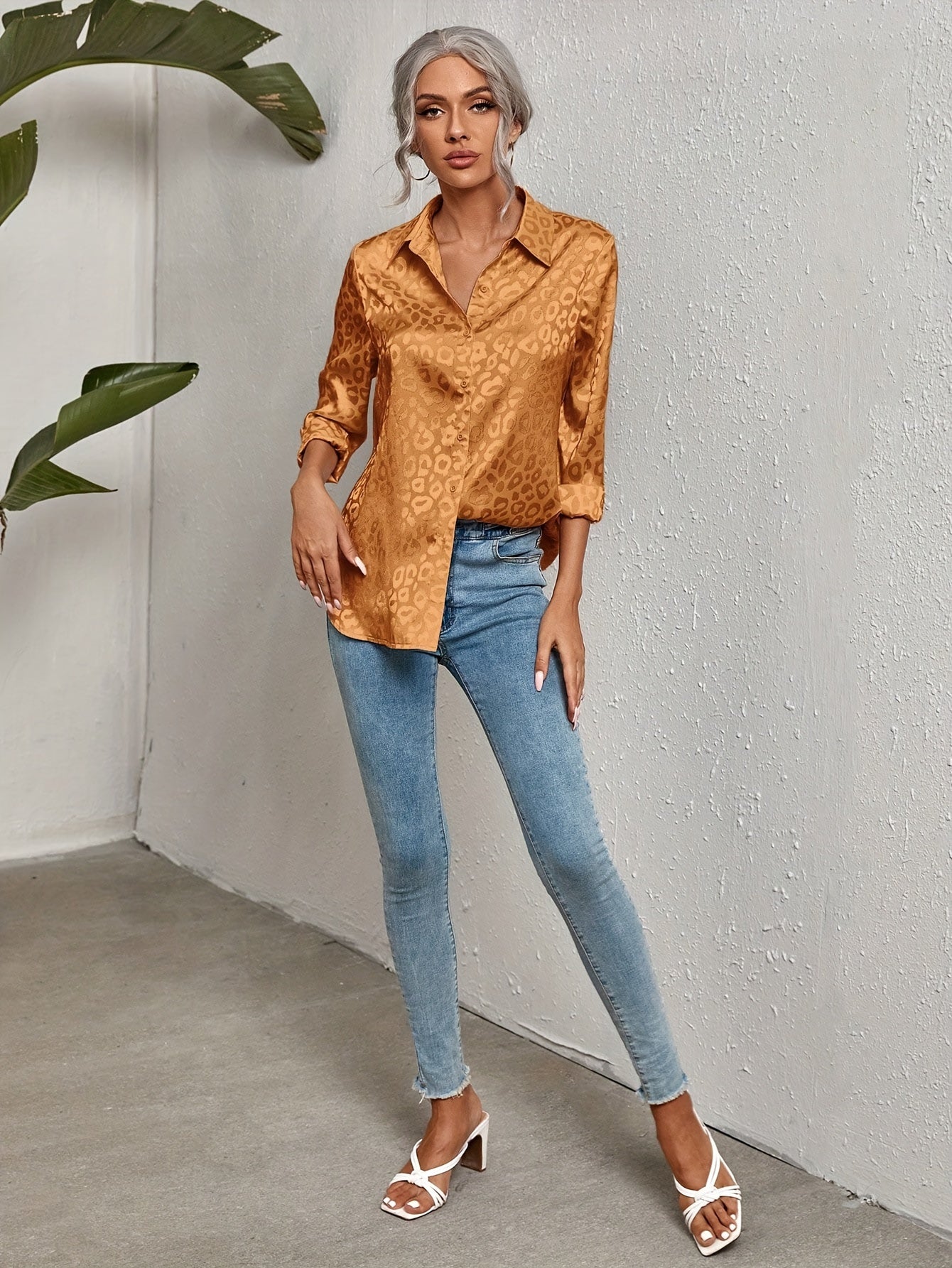  Casual Blouse Women's Plus Solid Leopard Pattern Button Up Long Sleeve