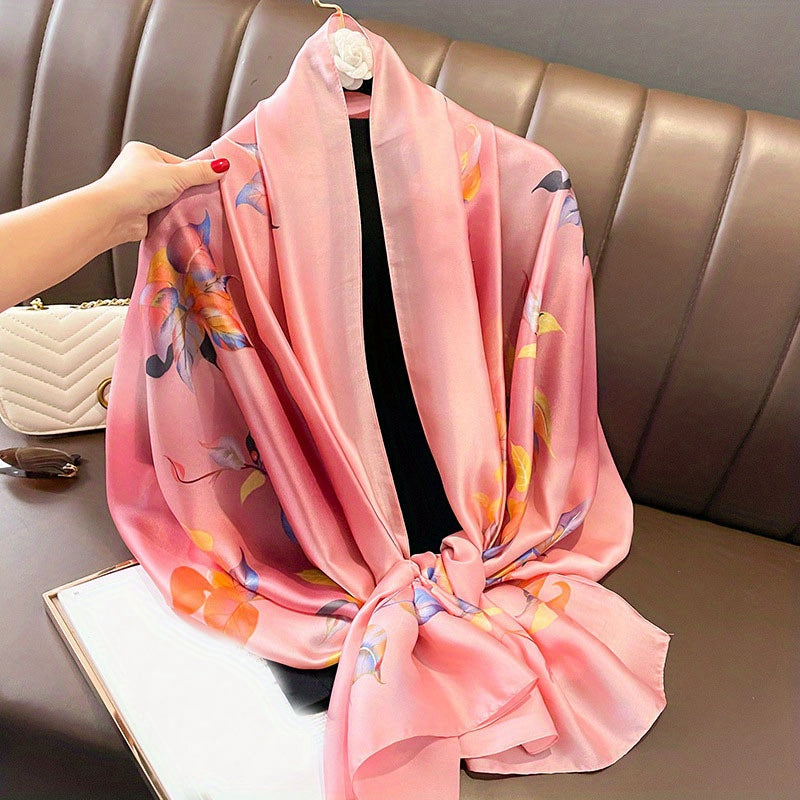 Flower Print Satin Scarf Solid Silk Shawl Windproof Head Wrap