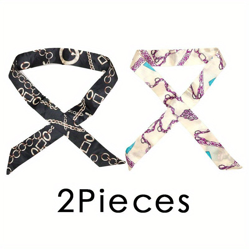 2pcs Chain Print Twilly Scarf Ribbon Neckerchief