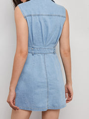 Button Denim Dress Flap Pockets Sleeveless Non Stretch Lapel Denim Dress