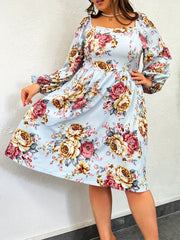  Shirred Floral Print Lantern Sleeve Dress