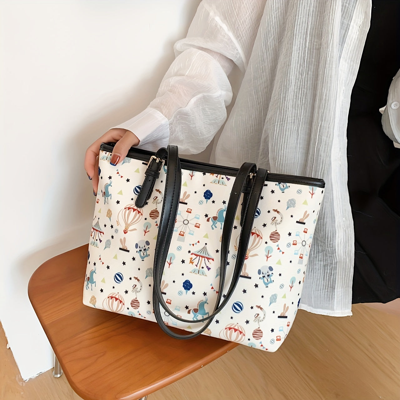 Cartoon Print Tote Bag Large Capacity Shoulder Bag Women's Handbag