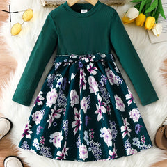 Floral Long Sleeve A Line Midi Dress with Belt