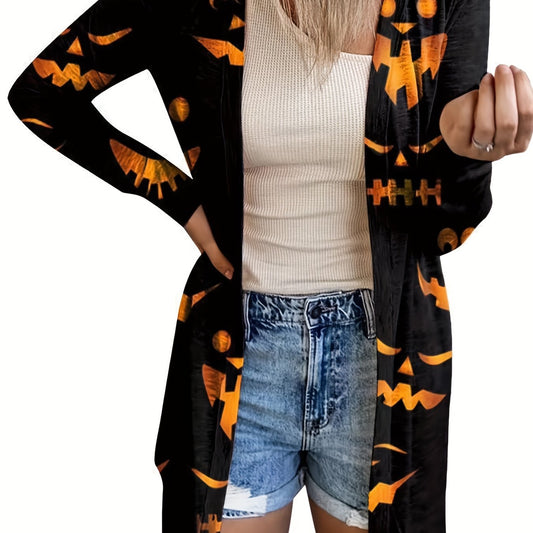  Halloween Pumpkin Face Print Cardigan