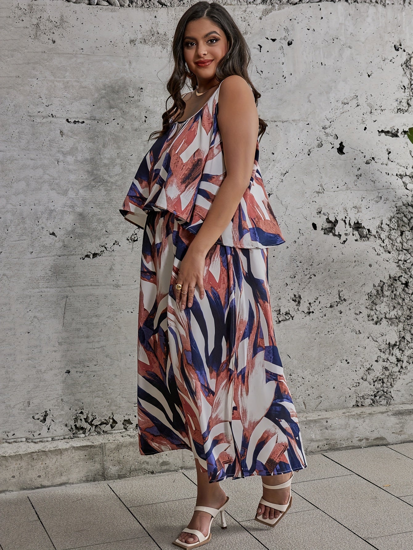  Ink Painting Print Cami Top & Split Skirt Set
