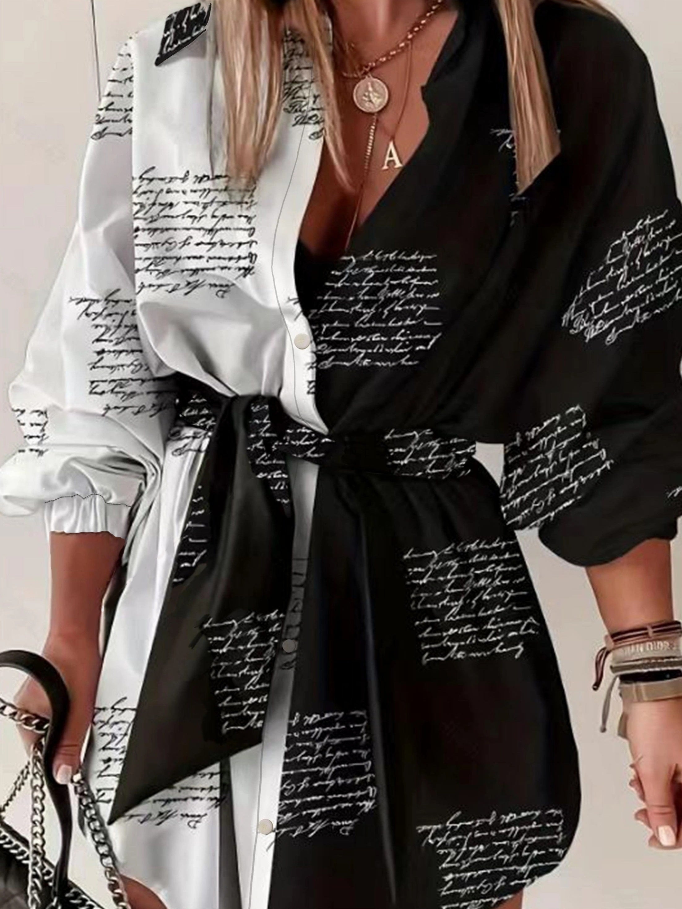  Colorblock Letter Print Polo Neck Shirt Dress