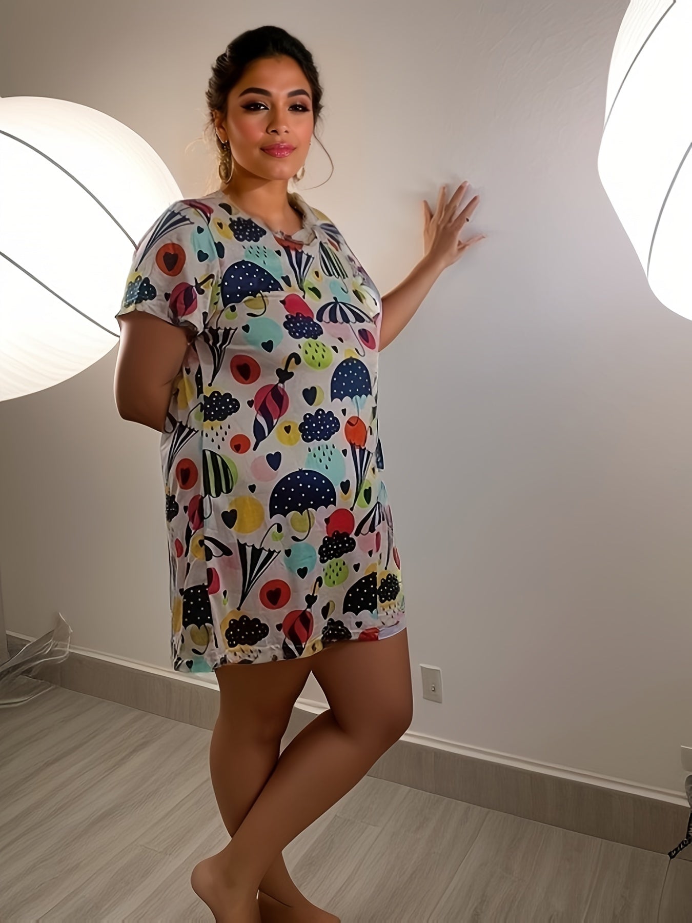  Umbrella & Heart Print Round Neck Tee Nightdress