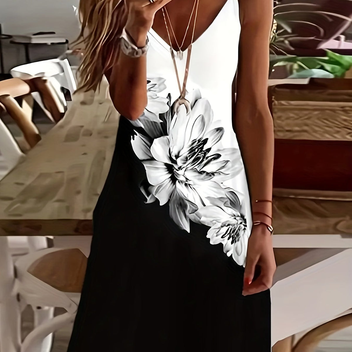  Colorblock Floral Print V Neck Cami Dress