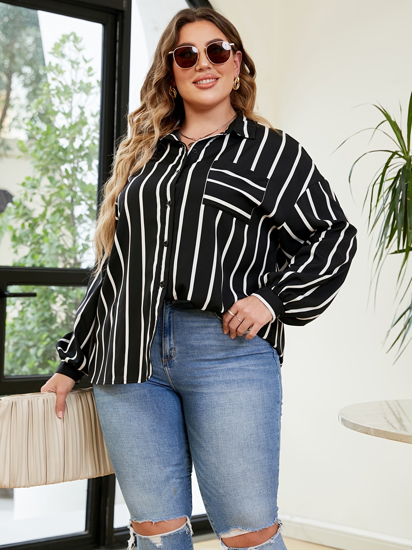  Striped Loose Fit Shirt Women's Casual Blouse