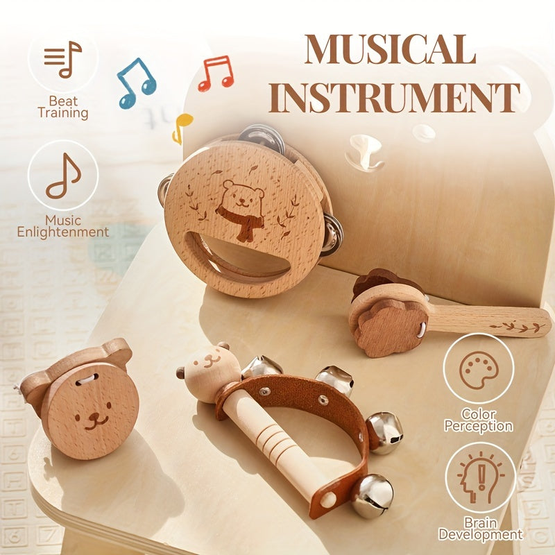 Wooden Bear Shaped Baby Rattle Bell Toy