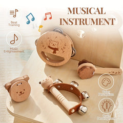Wooden Bear Shaped Baby Rattle Bell Toy