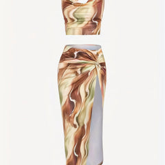 Sexy Marble Print Two piece Skirt Set Crop Cami Top & Split Skirt