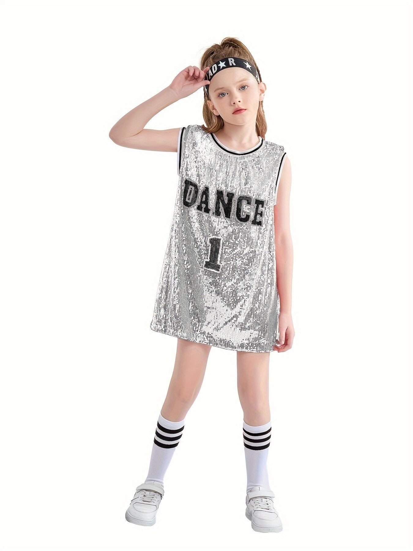 Girls Sequin Sleeveless T shirt Dress Socks Set For Dance Performance