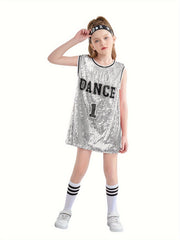 Girls Sequin Sleeveless T shirt Dress Socks Set For Dance Performance
