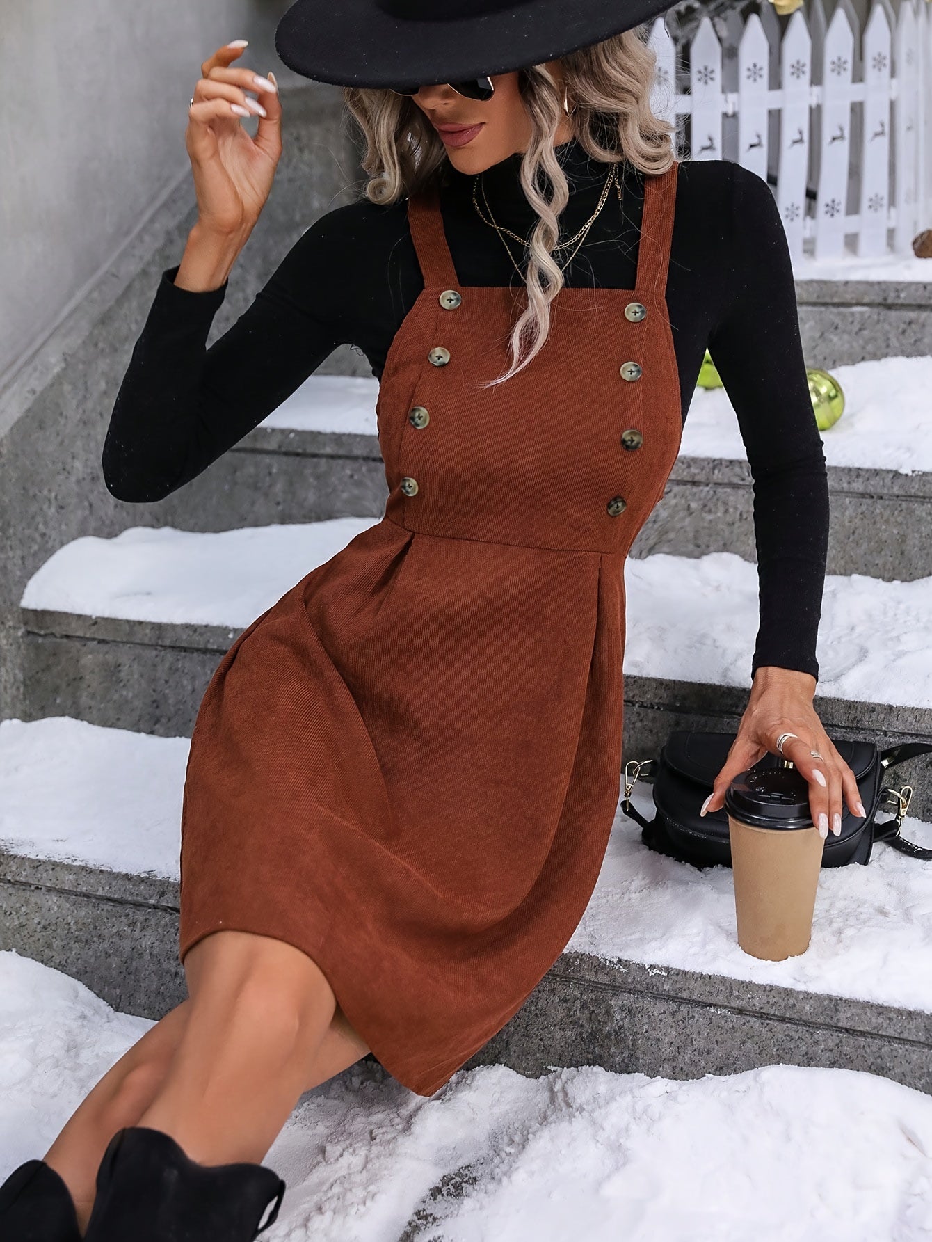  Solid Button Decor Overall Dress Mini Neck Overall