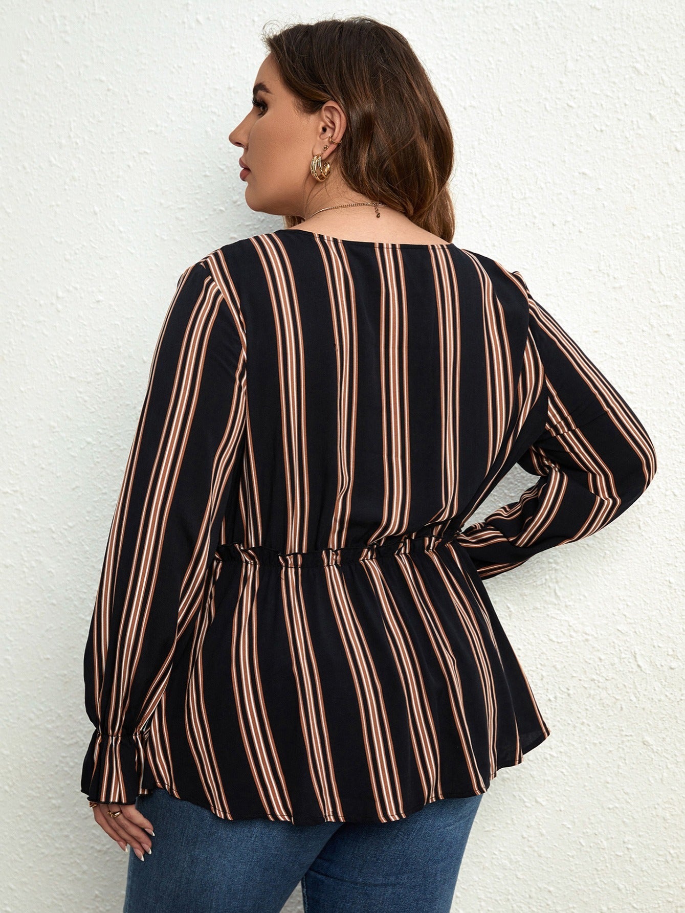  Striped V Neck Long Sleeve Blouse with Flounce Sleeve