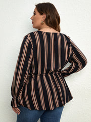  Striped V Neck Long Sleeve Blouse with Flounce Sleeve