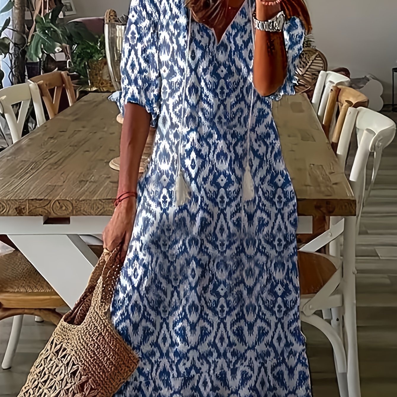  Boho Dress Women's Plus Allover Print Ruffle Trim Maxi Dress