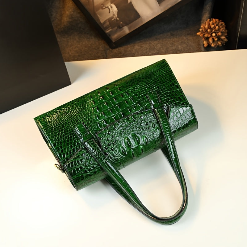 Vintage Crocodile Pattern Leather Handbag with Shoulder Strap & Wristlet