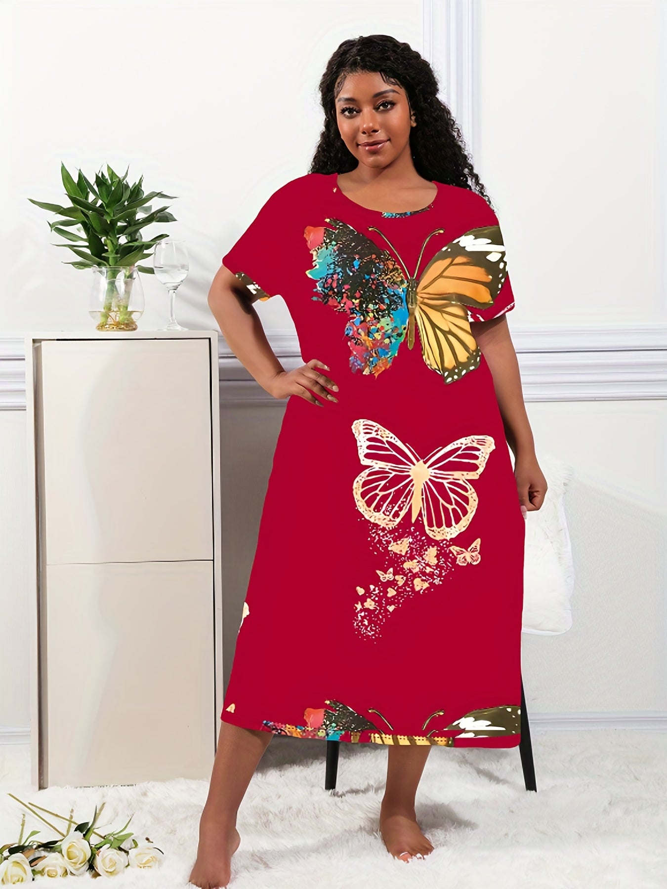  Butterfly Print Short Sleeve Casual Lounge Dress