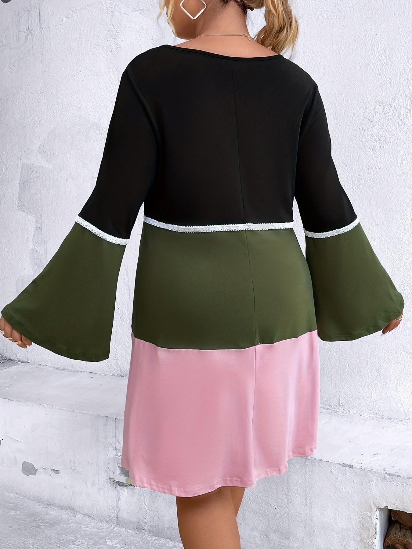 Women's Plus Casual Dress Colorblock Lace Bell Sleeve