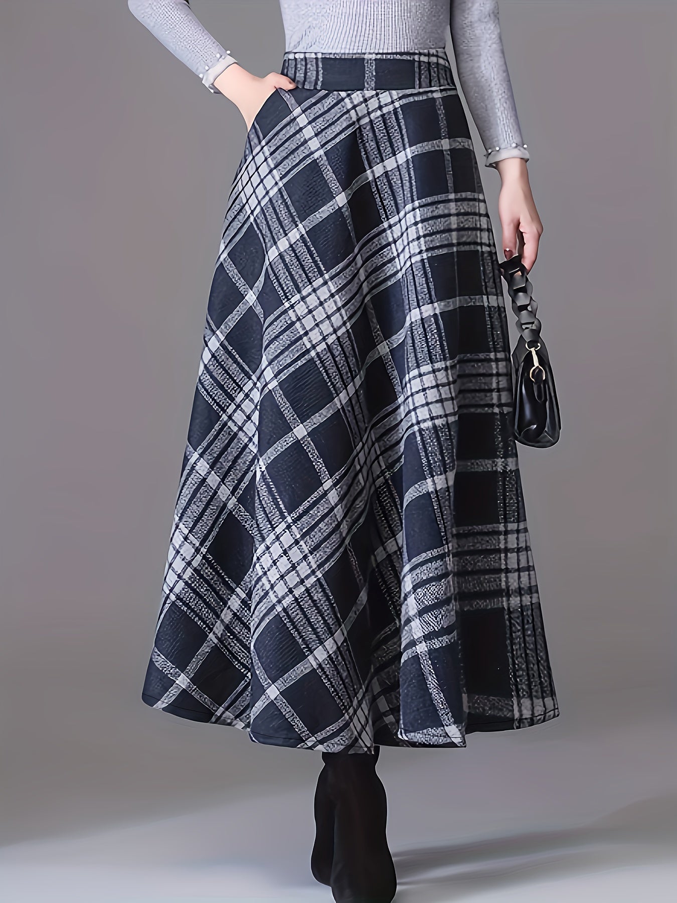  Plaid Print High Rise A line Maxi Skirt