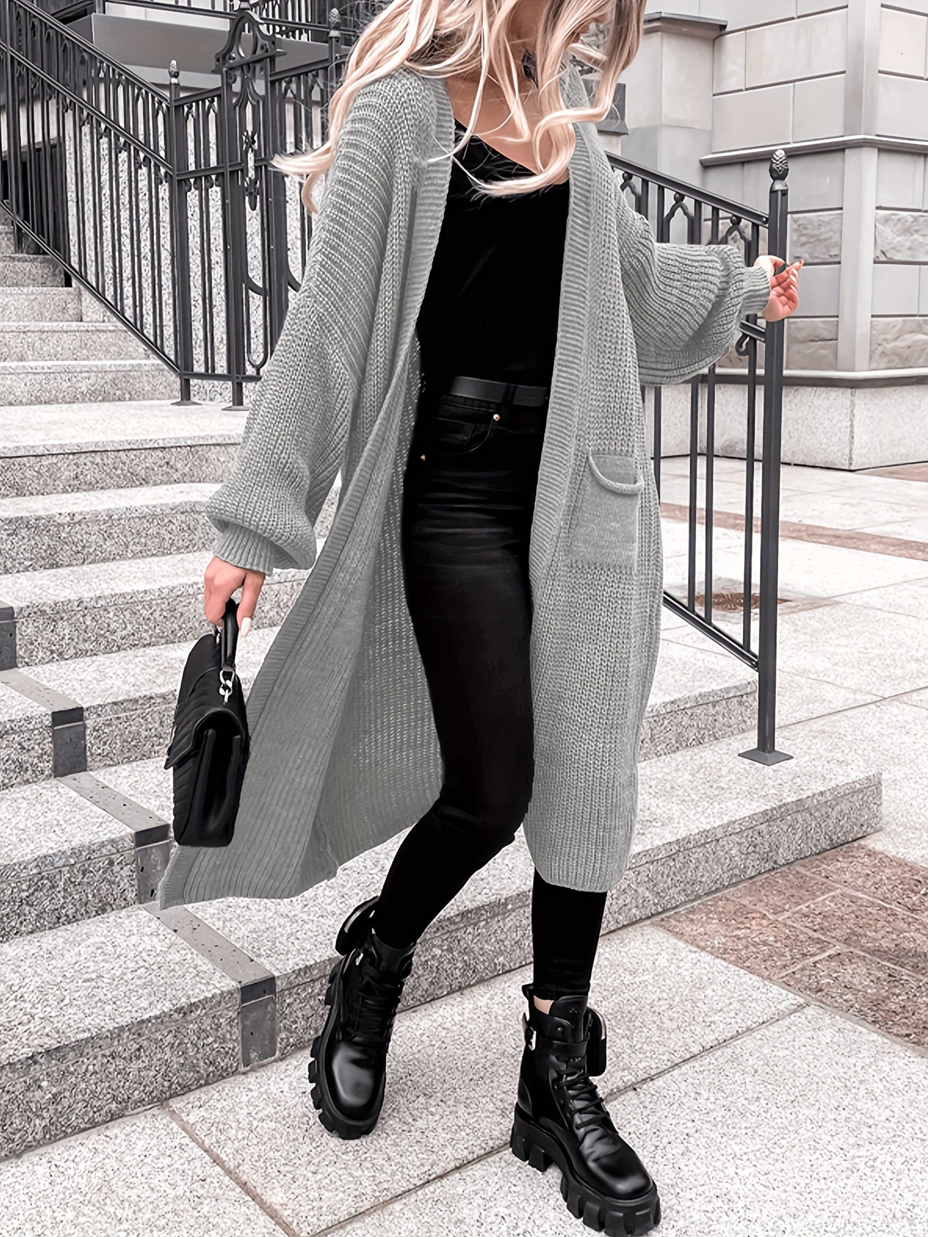  Solid Lantern Sleeve Open Front Cardigan
